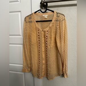 Light peach colored blouse from meadow rue. Swiss dot detail.